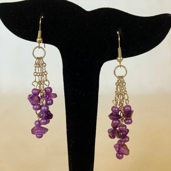 Purple Beaded Earrings Silvertone Metal Chain Handcrafted Unique Dangle New Gift - Picture 3 of 7